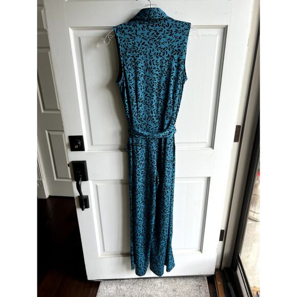 Nina Leonard blue botanical wrap collar jumpsuit size M - Picture 4 of 4